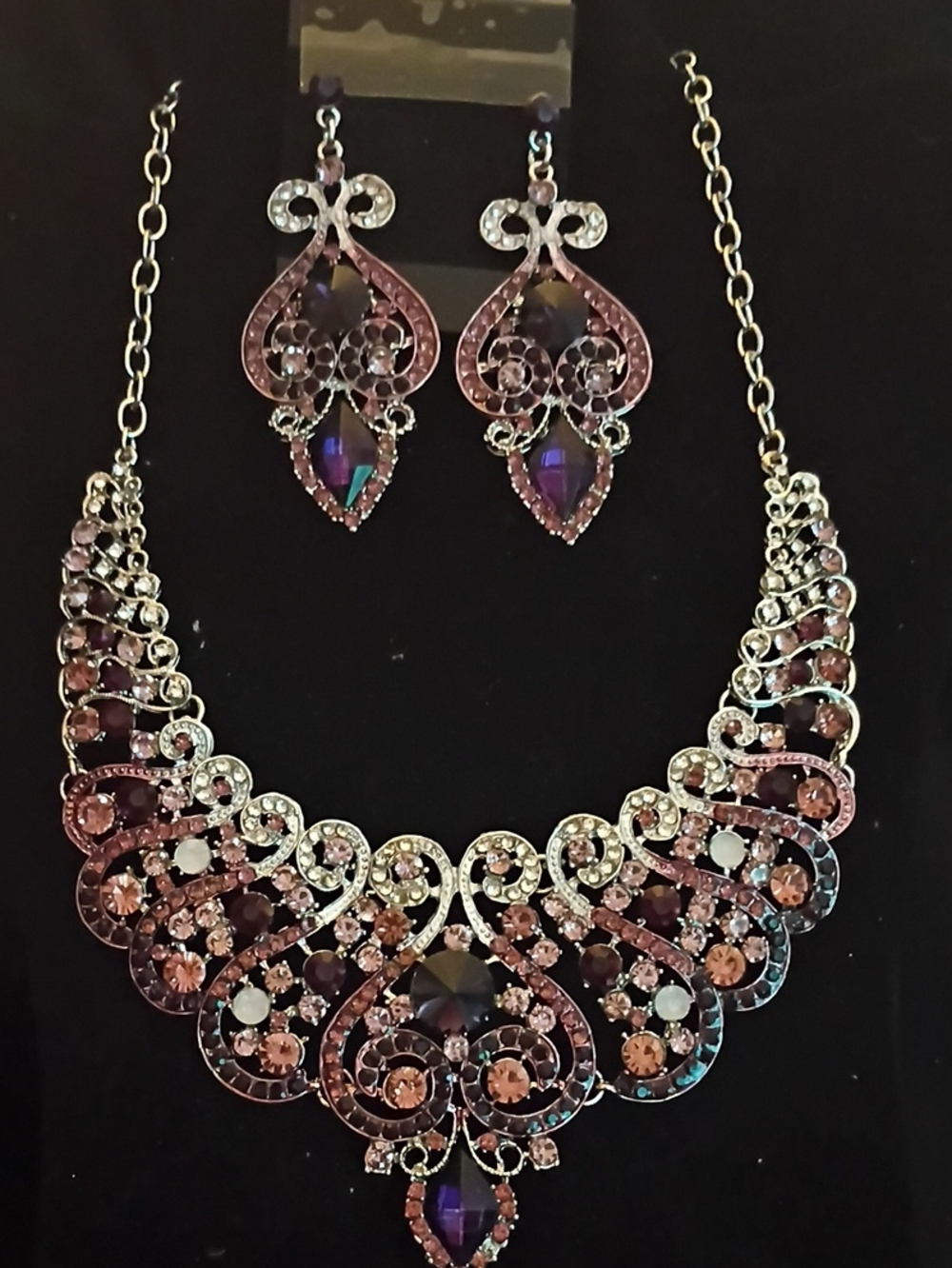 Statement Purple Crystal Filigree Necklace & Earrings Set